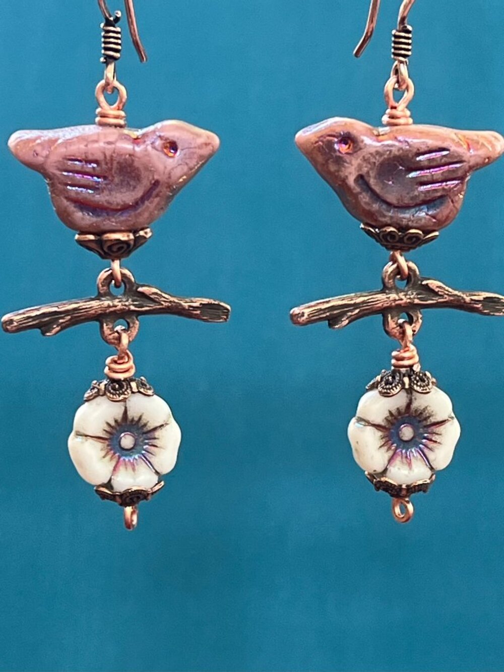 Whimsical Bird and Flower Earrings | Boho Nature Dangle Copper Earrings - Picture 2 of 9